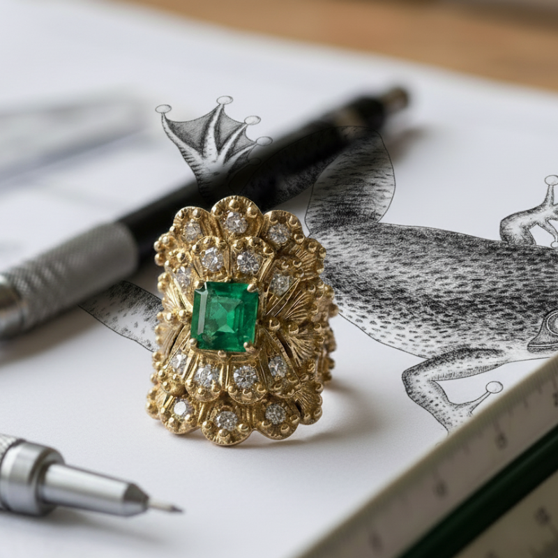 Garnazelle ring set with a green emerald, resting on a jewellery sketch