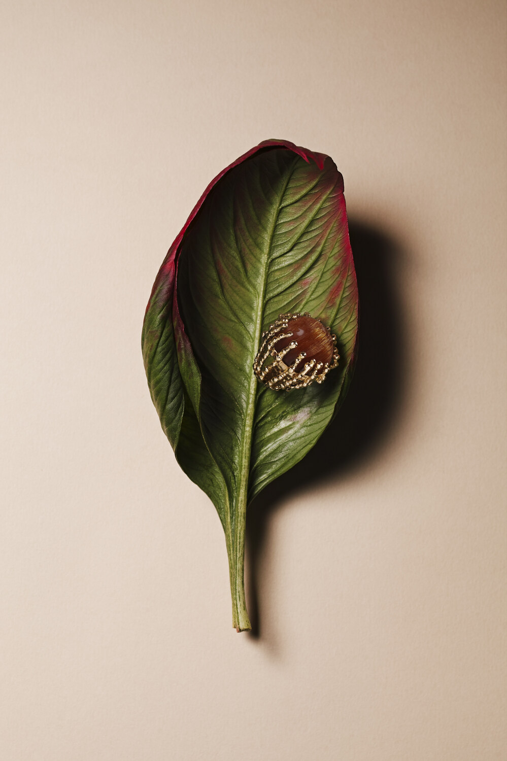 Amber Garnazelle ring resting on a green and red leaf