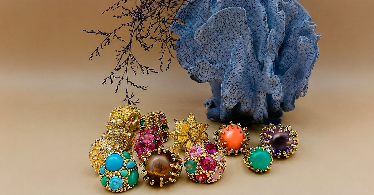 Garnazelle Boules d'Amour collection — editorial composition with blue coral