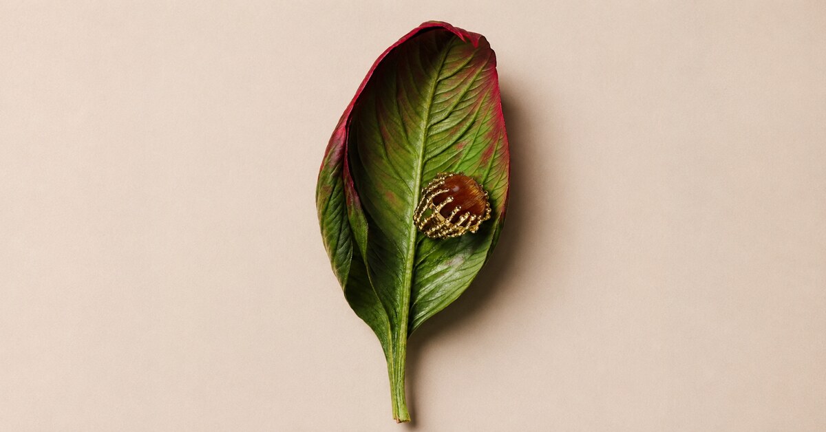 Amber Garnazelle Boule d'Amour resting on a green and red leaf